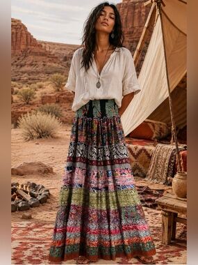 Boho Tiered Maxi Skirt in Multicolor Patchwork
